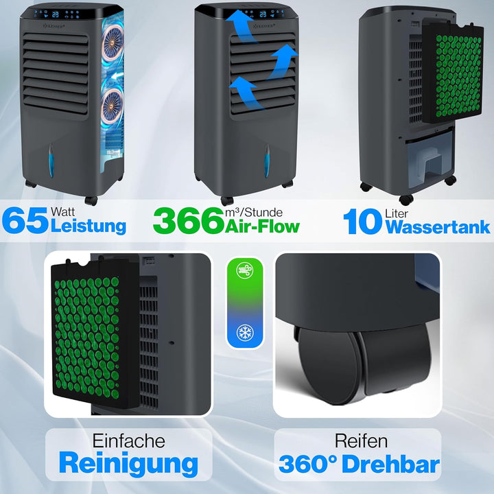 KESSER® Mobile Klimaanlage 4in1 Luftkühler – Air Cooler mit Fernbedienung & Timer, 10L Wassertank, I