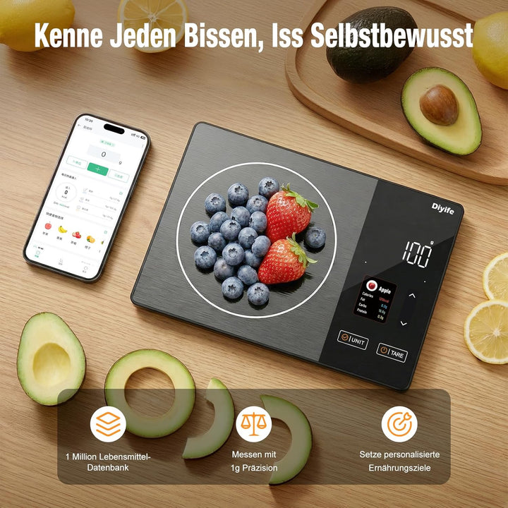 Diyife Smart Küchenwaage mit Kalorienzähler, Farbigem TFT-Display Lebensmittelwaage, APP-Kompatibel