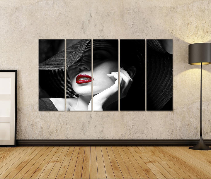islandburner Leinwandbild Mysteriöse Frau Mit Schwarzem Hut Und Roten Lippen - Leinwand 160x80cm - 5