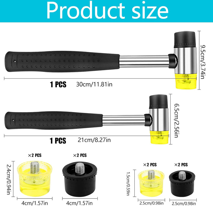 2 Stk Doppelkopf Gummihammer, Doppelkopfhammer 25/40mm mit Rutschfest Gummigriff & 8 Ersatz-Hammerkö