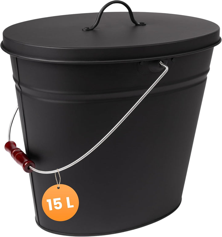 BLACK OAK Ascheeimer Vesuvio 15L – schwarz oval mit Deckel - gross 15 Liter - Stahl feuerfest verzin