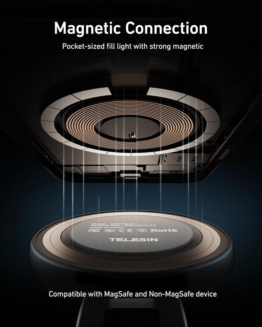 TELESIN C03 Magnetische Selfie-Licht, Handy-Licht kompatibel mit Magsafe, CRI97 360° LED Selfie Ring