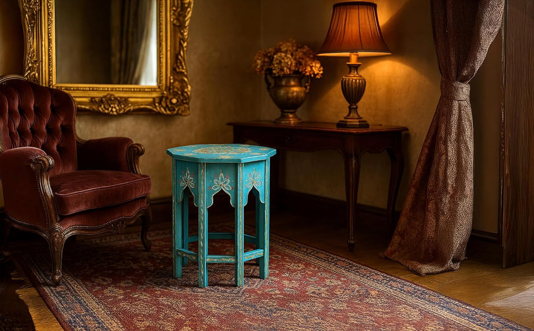 Casa Moro Orientalischer Beistelltisch Saada Blau L Höhe 45 cm x Ø 38 cm aus Holz handbemalt | Kunst