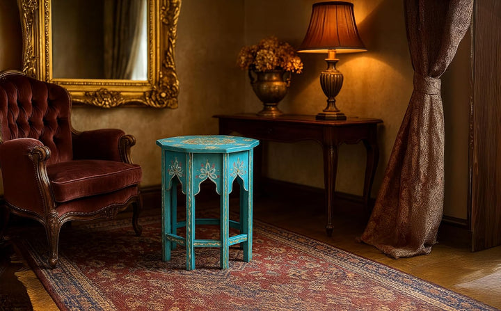 Casa Moro Orientalischer Beistelltisch Saada Blau L Höhe 45 cm x Ø 38 cm aus Holz handbemalt | Kunst