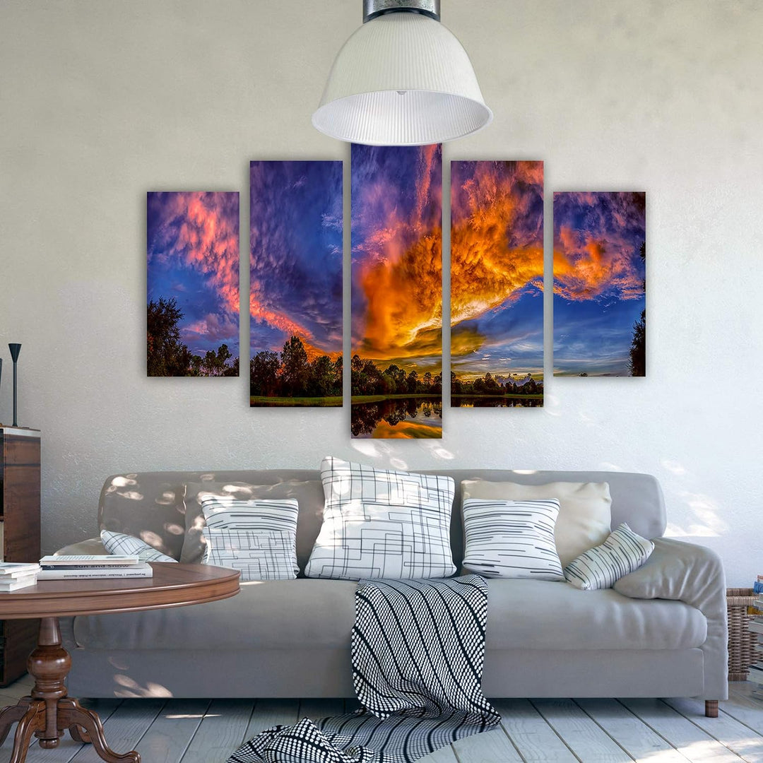 Feeby Bilder Landschaft 200x100 cm - Leinwandbild 5 Teilig XXL Kunstdruck Wolken blau Leinwandbild X