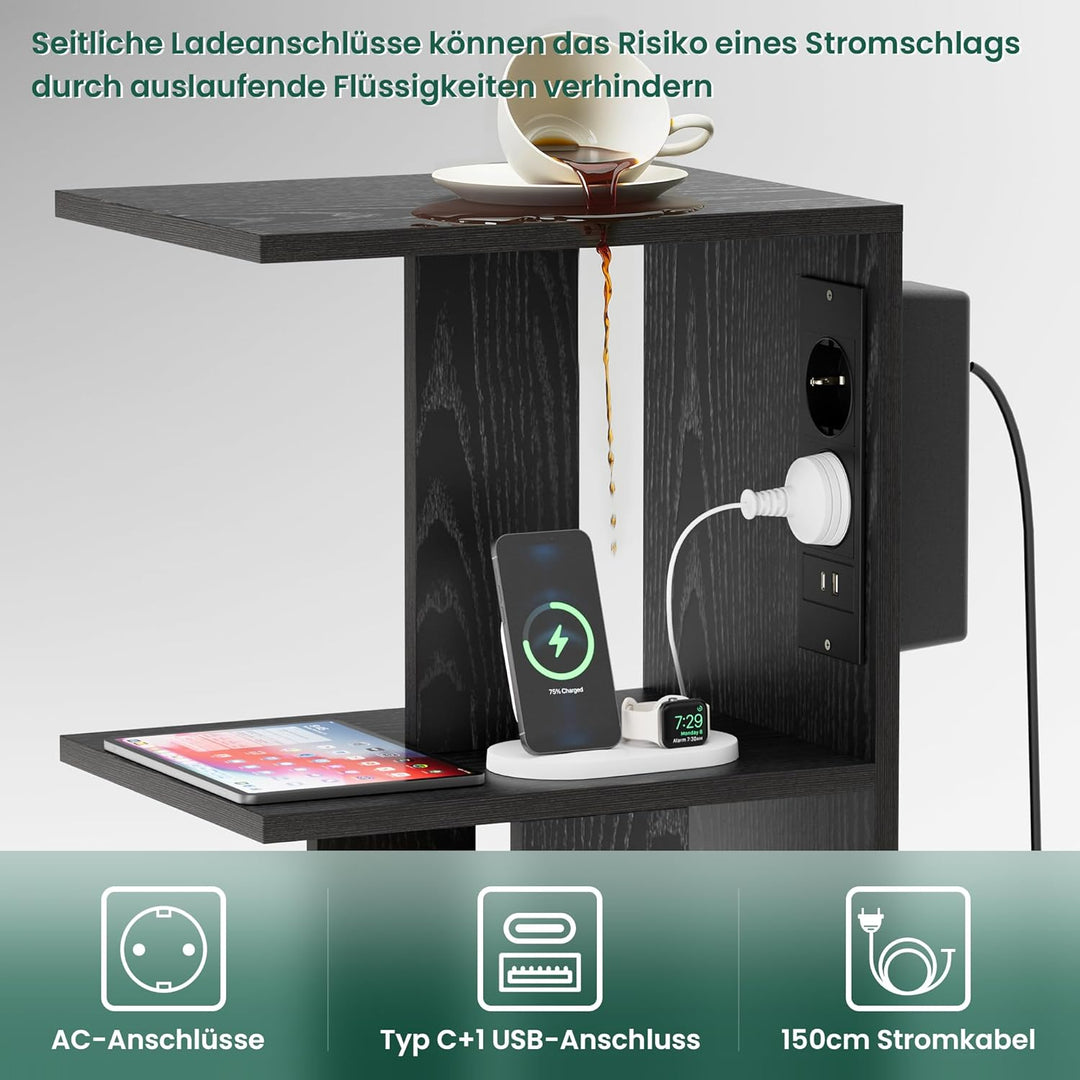 Pamapic Beistelltisch, Nachttisch mit Steckdose, Beistelltisch Schmal, 3 Ablagen C-Form Sofatisch,Co