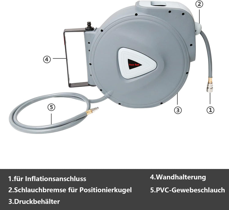 Joparri 30m Druckluftschlauch Aufroller Automatisch 1/4" Anschluss, Schlauchaufroller Automatisches