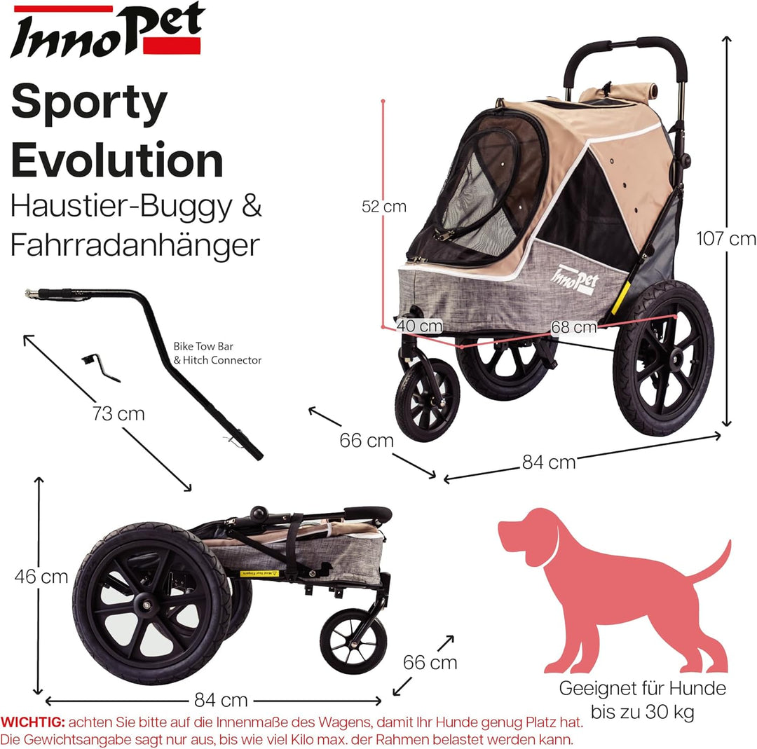 Innopet Sporty Evolution Latte 2-in-1 Hundebuggy und Fahrradanhänger für Hunde - Beige/Grau, 30kg Tr