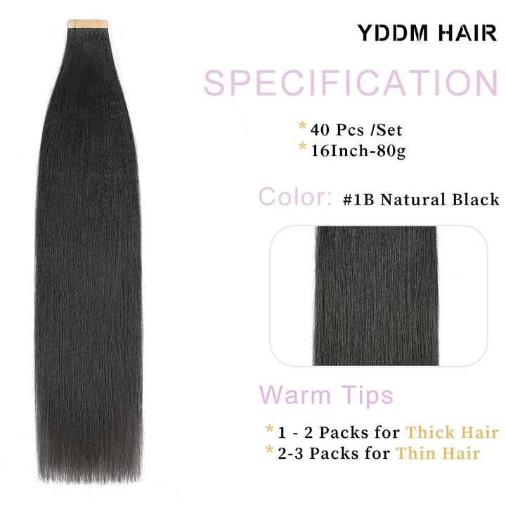 YDDM 16 Zoll Tape Extensions Echthaar 40 Stück 80g Schwarze Frauen Yaki Straight TapeIn HaarverläNge
