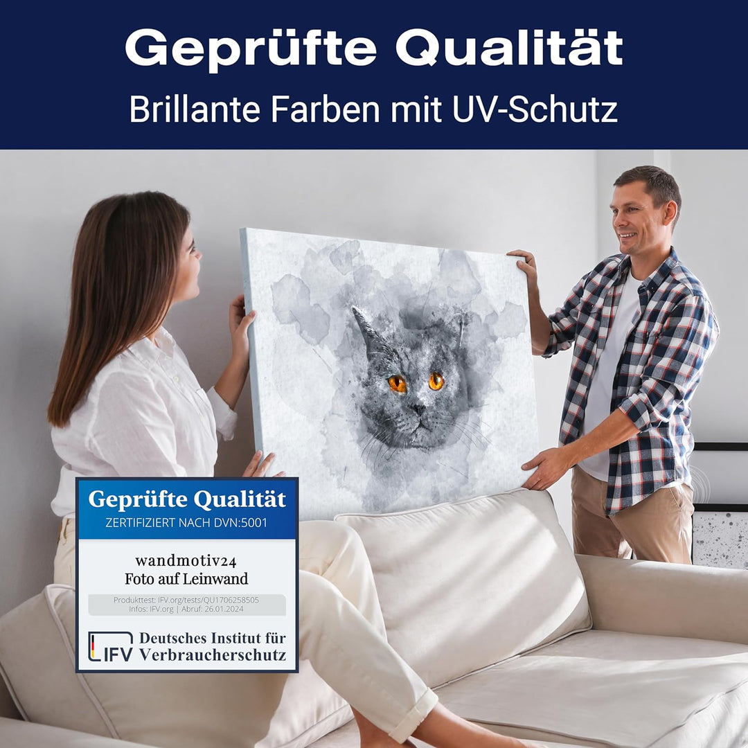wandmotiv24 Leinwandbild Malerei, 100x75cm, Querformat, Aquarell, Katze, Deko, Bilder auf Leinwand,