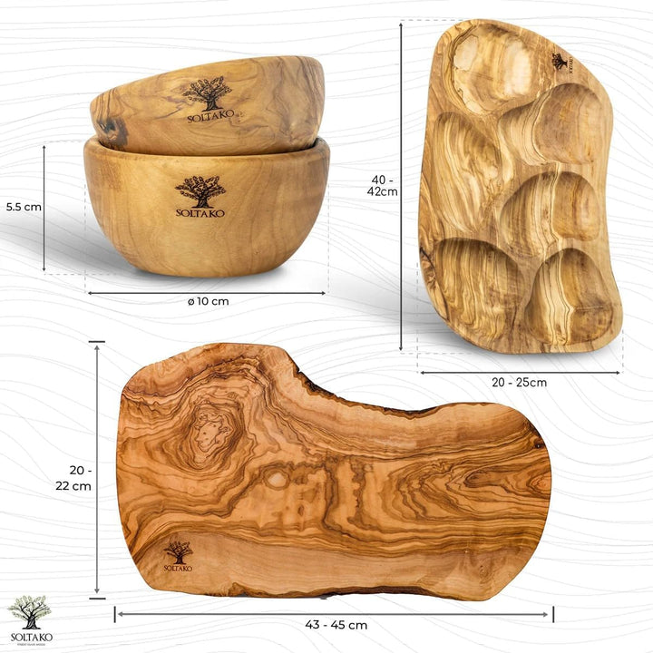 SOLTAKO Olivenholz Geschenksset ideal für Tapas und Brotzeit Bundles Catania 45cm + Hummus Lover 2er