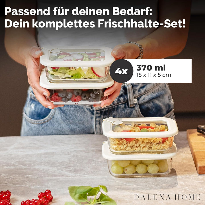 Frischhaltedosen Set 4x370ml – Borosilikatglas, Glasbehälter luftdicht & mikrowellengeeignet, Meal P