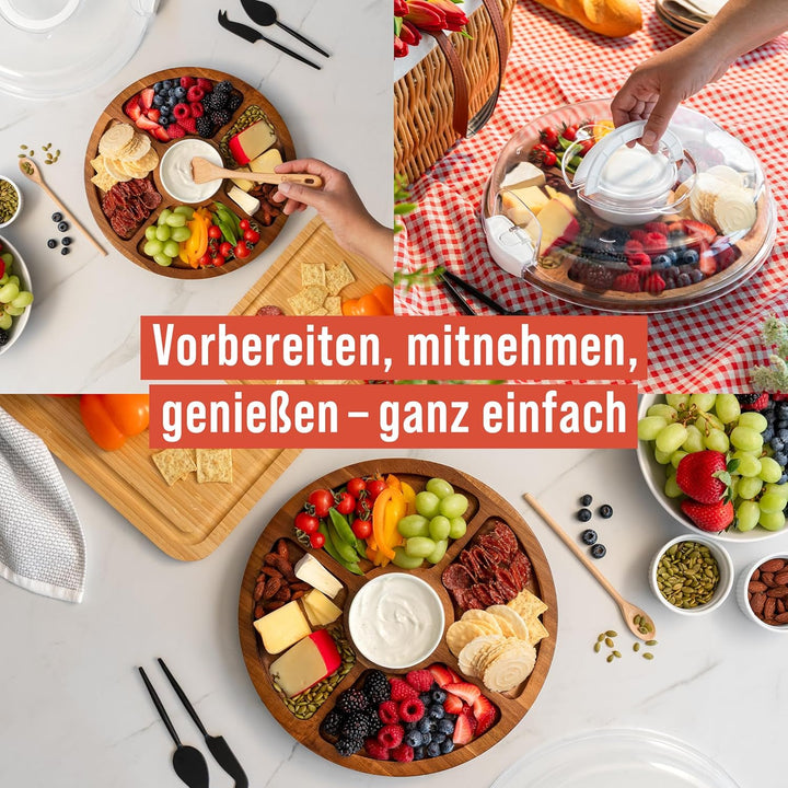 Chef Pomodoro Rundes Charcuterie Board mit Deckel (34 cm) – tragbares Käsebrett, Käseplatte, Holzpla