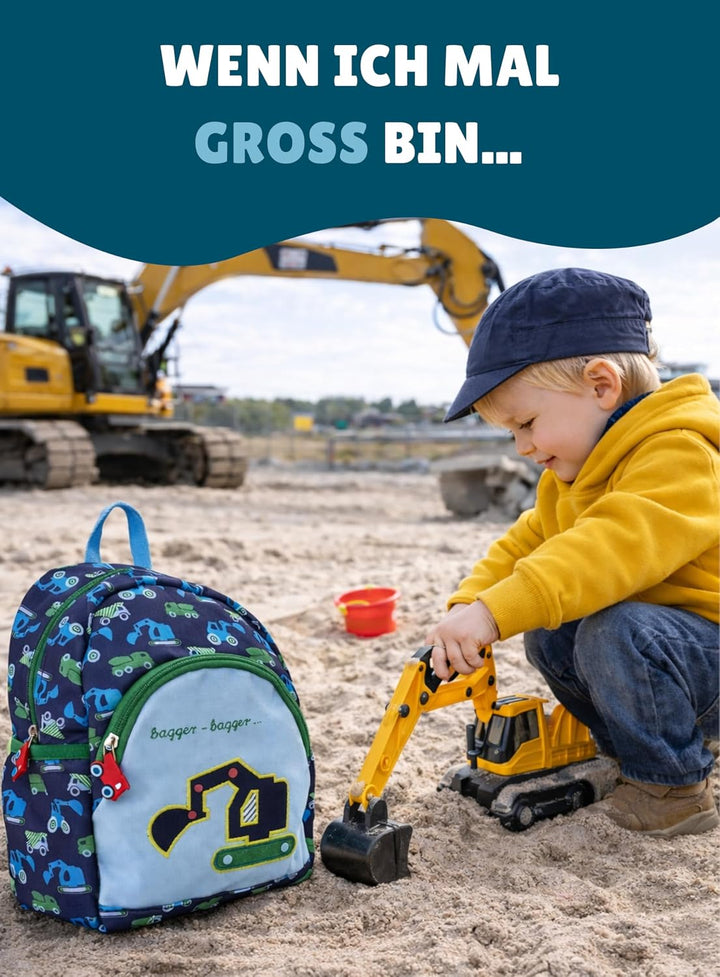 Spiegelburg Kindergarten Rucksack Set 4tlg. mit Turnbeutel, Brotdose und Trinkflasche Bagger Grün Bl