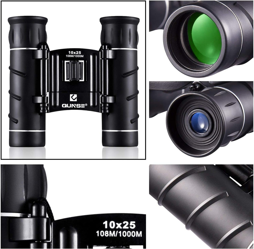 QUNSE Fernglas 10x25 Kleines Fernglas Kompakt Wasserdicht Feldstecher für Kinder Erwachsene mit Trag