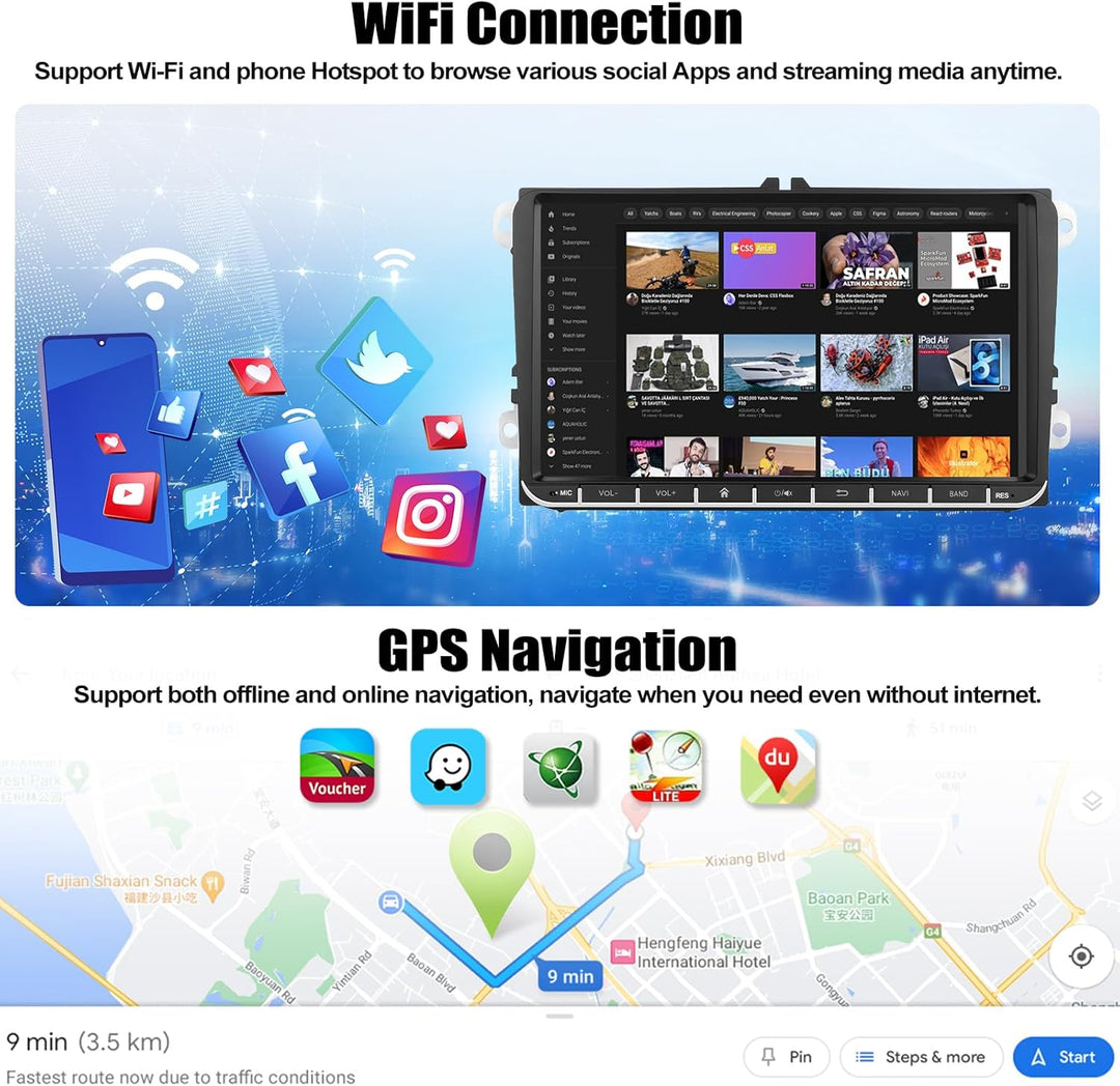 CAMECHO 4G+64G 8-core Android 13 Autoradio für VW Golf 5 6 Touran B6 EOS Tiguan Polo mit Carplay And