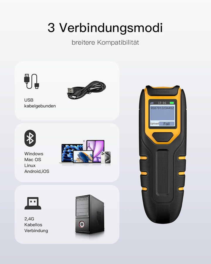 Inateck Tragbarer Barcode Scanner Kabellos 1D mit Display, BCST-49 | Kann Bildschirm Scannen, mit Bl