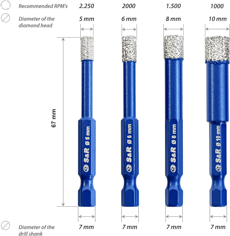 S&R Diamantbohrer, Fliesenbohrer, Glasbohrer Set 4-tlg. 5, 6, 8, 10 mm, Sechskant-Schaft, für Kerami