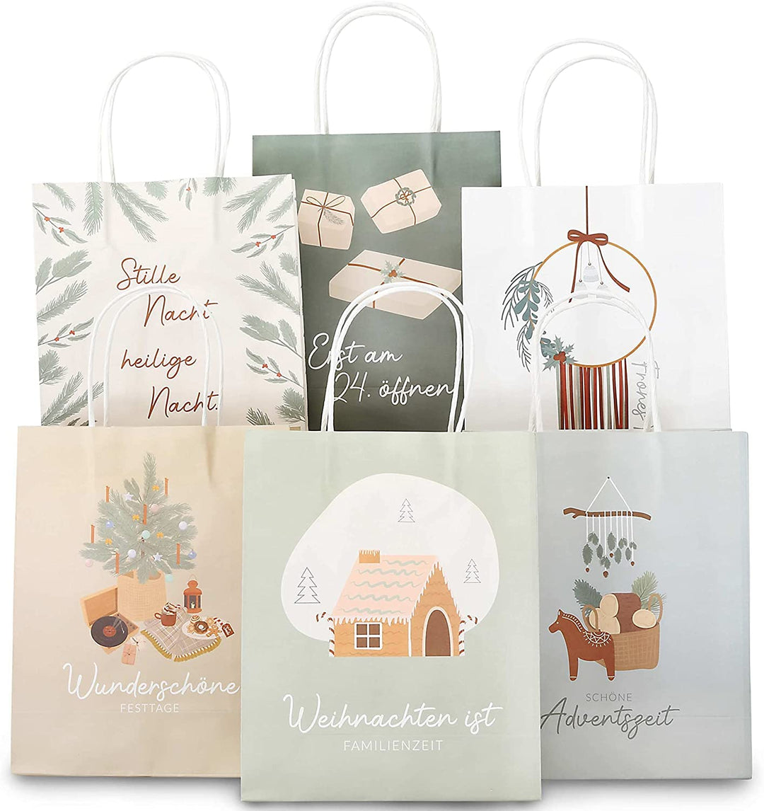 Papierdrachen Geschenktüten Weihnachten gross - 6 Stück - pastell - Scandi-Stil - 22×18×8 cm - inkl.