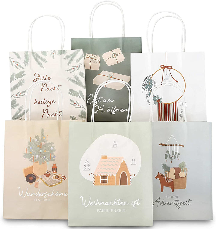 Papierdrachen Geschenktüten Weihnachten gross - 6 Stück - pastell - Scandi-Stil - 22×18×8 cm - inkl.