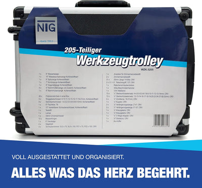 NTG Werkzeugkoffer mit Werkzeug 205 Teile Premiumlaufrollen und ausziehbarem Griff mit klappbarem Ei