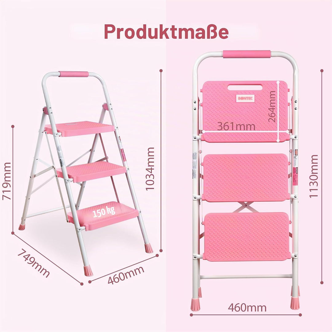 BONTEC Trittleiter 3 Stufen Klappbar, 272kg/600lbs Kapazität mit Breiten Anti-Rutsch-Pedalen, Faltba