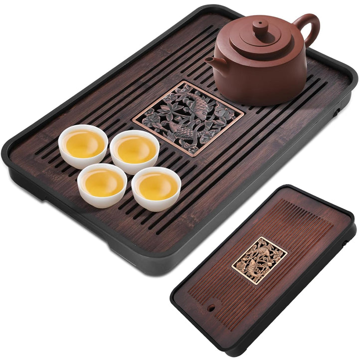 Teetablett 14, 2x9, 5 Abnehmbares chinesisches Gongfu-Teetablett aus Bambus mit Wasserspeicher-Drain