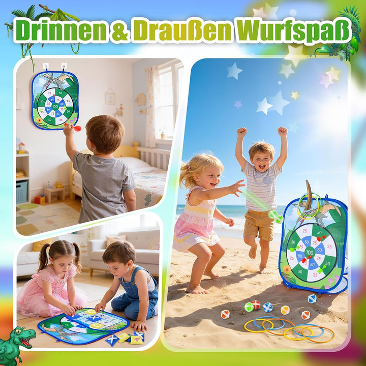5-in-1 Dinosaurier/Einhorn Wurfspiel Dartboard mit Pfeilen, Sitzsäcken, Bällen, Ringwurf, tragbare O