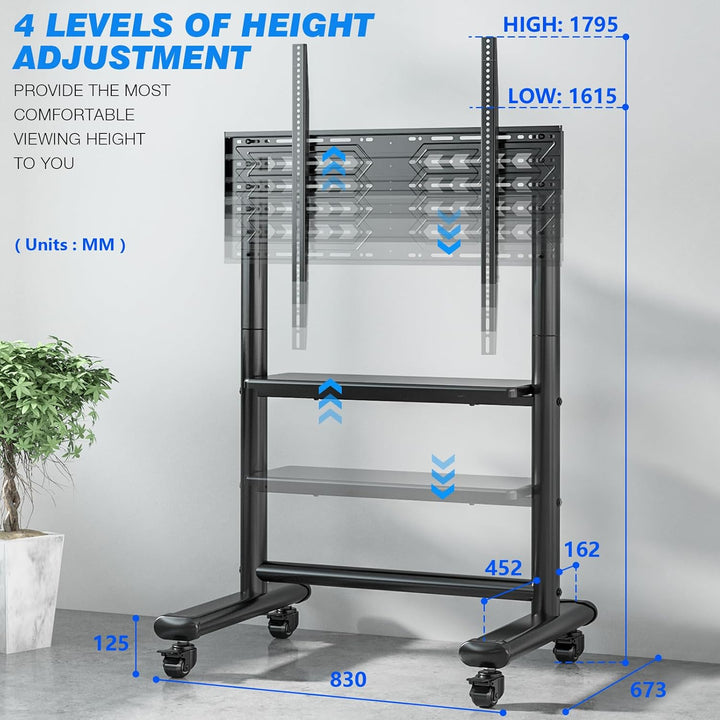 RFIVER TV Ständer Rollbar mit Ablage Für 50 bis 86 Zoll Flach & Curved Fernseher, Höhenverstellbarer
