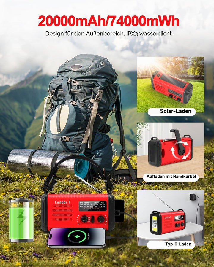 20000mAh Kurbelradio, tragbares Solar-Notfallradio mit AM/FM-Empfang, SOS Alarm, LED-Leselicht und T