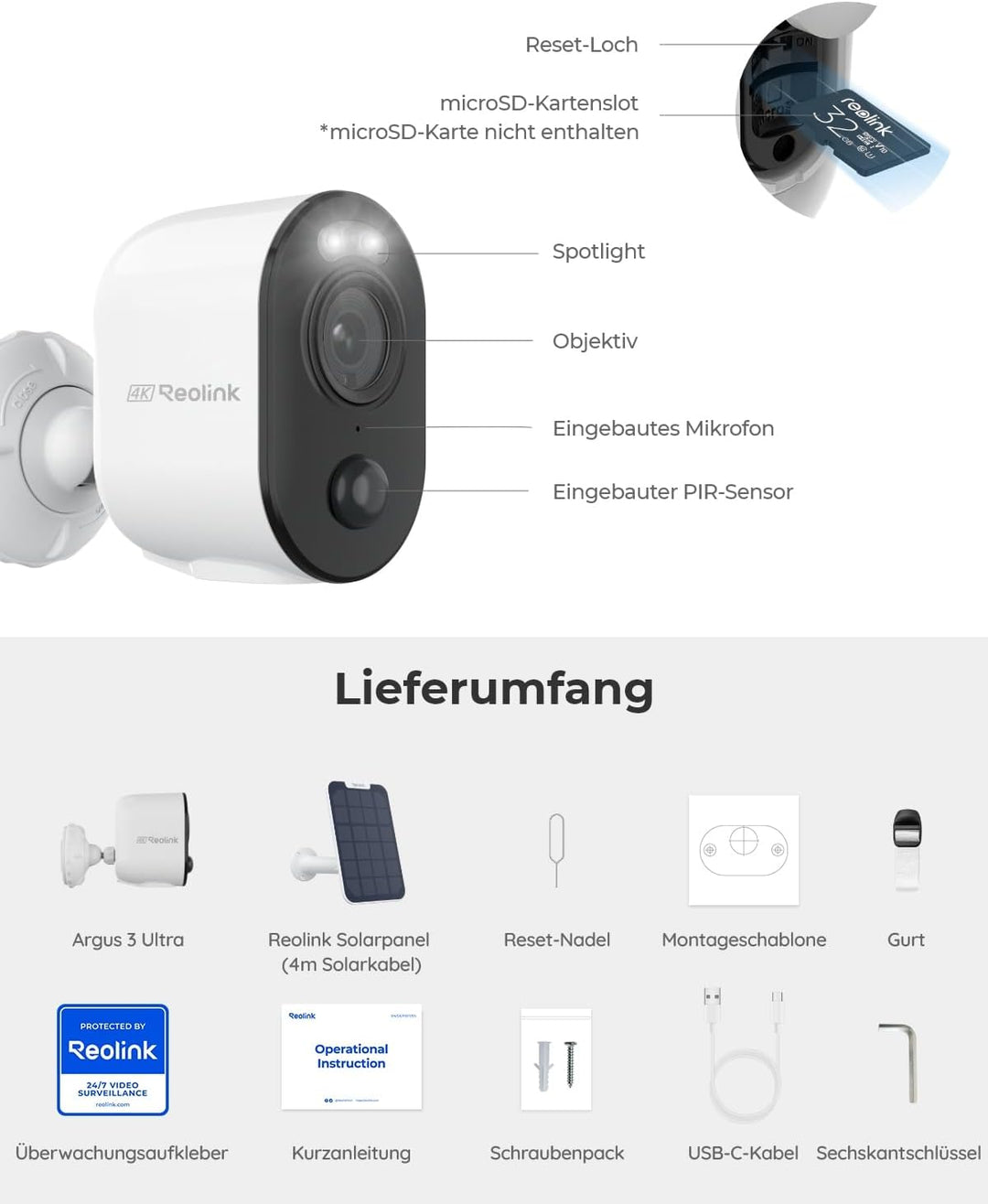 Reolink 2K 4MP Überwachungskamera Aussen Akku Argus 3 Pro mit Solarpanel, 2,4GHz/5GHz WLAN, Personen