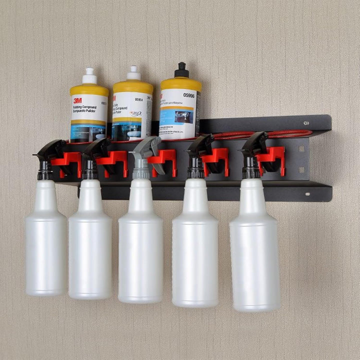 Sprühflaschenhalter mit 5 Löchern und 5 Kunststoff-Aufhängehaken, Sprühdosenhalter für Garage Werkst