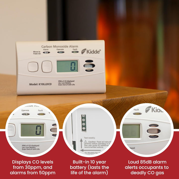 Kidde 10LLDCO Kohlenmonoxid Alarm Digital Display mit versiegelten Akku, Standard Alarm
