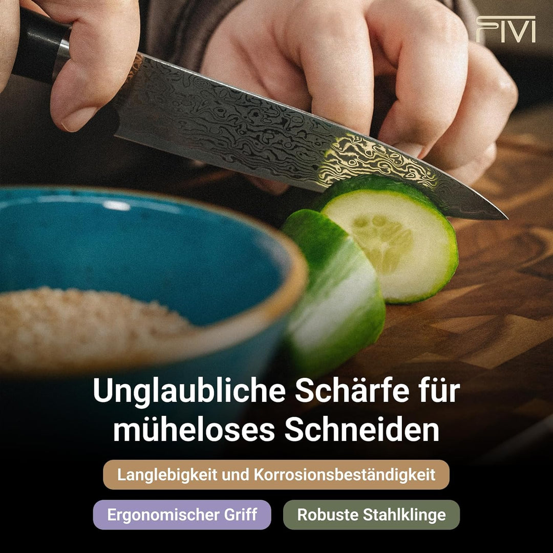 FIVI Damastmesser Set 3-teilig AKIRA, YUNO, SANJI | Profi Küchenmesser Set aus VG10 Damaszenerstahl