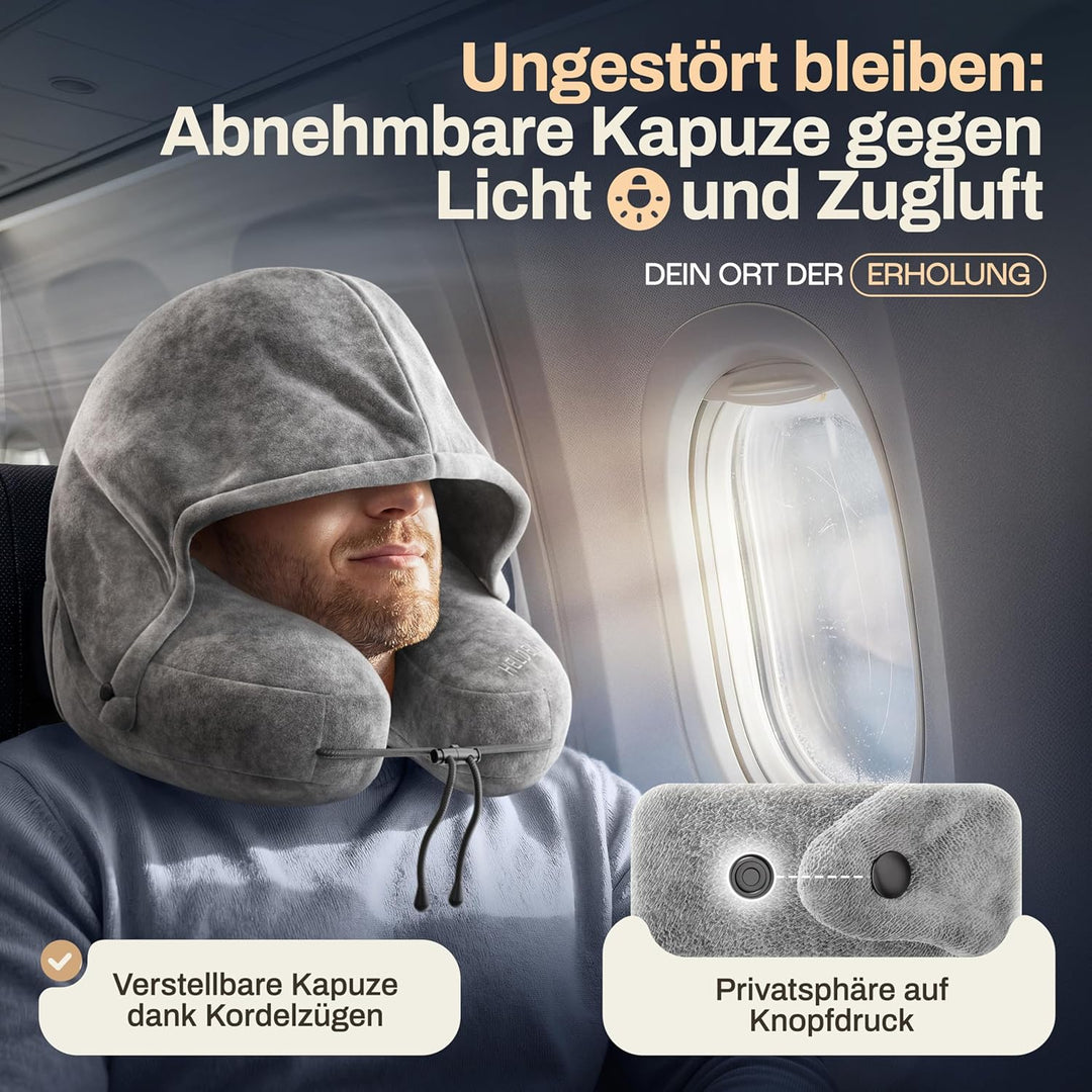 HELDENWERK® Air Nackenkissen Flugzeug Aufblasbar | Reisekissen für 5 Schlafpositionen, schnell aufbl