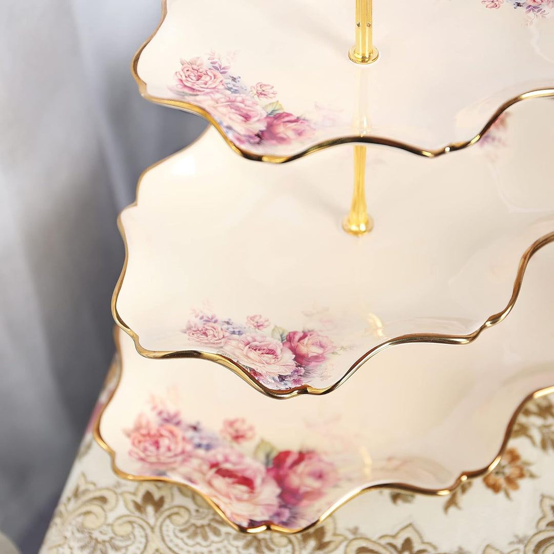 fanquare 3-Stufig Königlich Etagère mit Blumenmuster, Lotus Blume Förmige Obstkörbe mit Metallstrebe