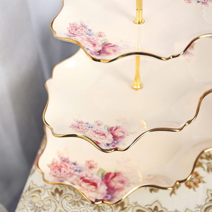 fanquare 3-Stufig Königlich Etagère mit Blumenmuster, Lotus Blume Förmige Obstkörbe mit Metallstrebe