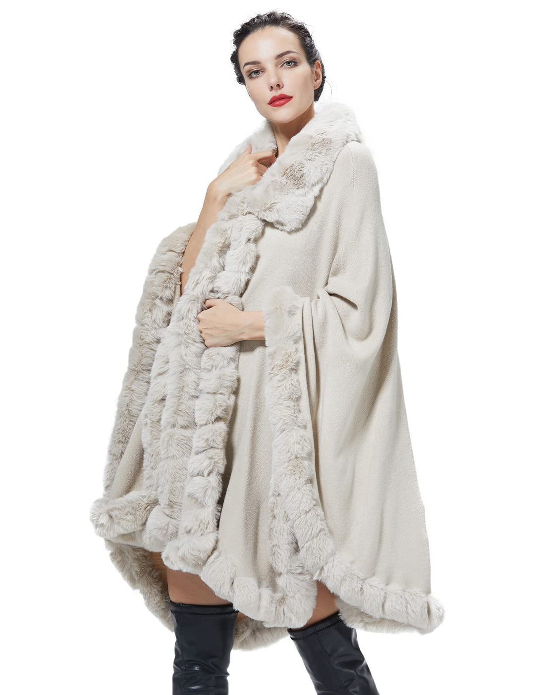 BEAUTELICATE Kunstpelz Poncho Cape Strick Damen Winter Kunstfell Stola Schal Cape Cardigan Warm mit