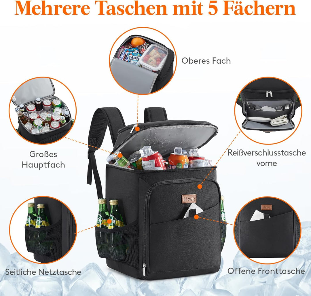 Lifewit 26L, 34 Dosen, isolierte Kühltasche, Grosse kühlrucksack, auslaufsichere tragbare Lunchtasch