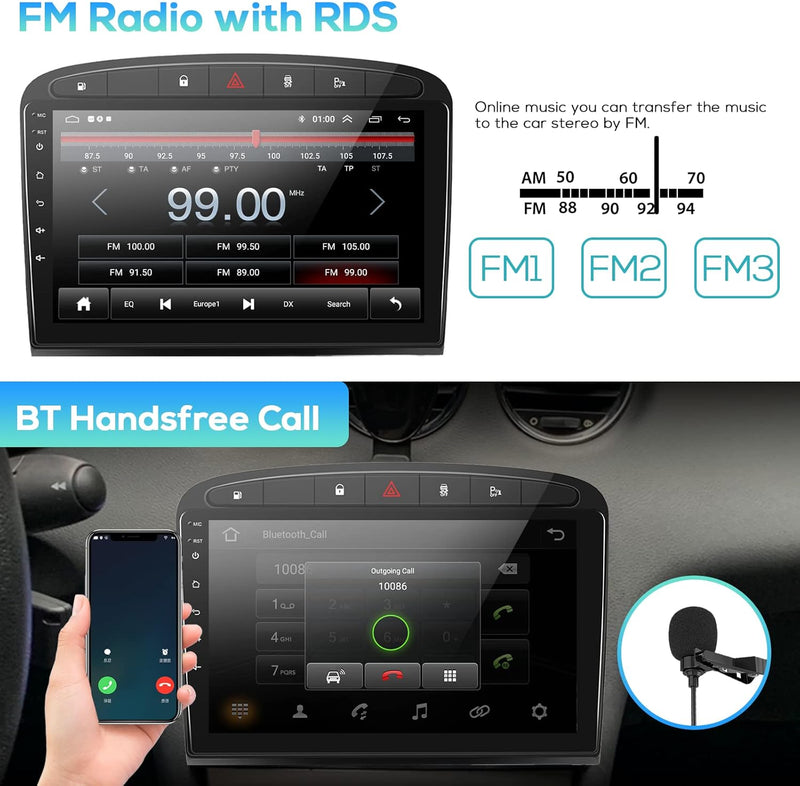 Podofo Android Autoradio GPS für Peugeot 308 408 2009-2013, 9" Touchscreen WiFi Bluetooth FM RDS Rad