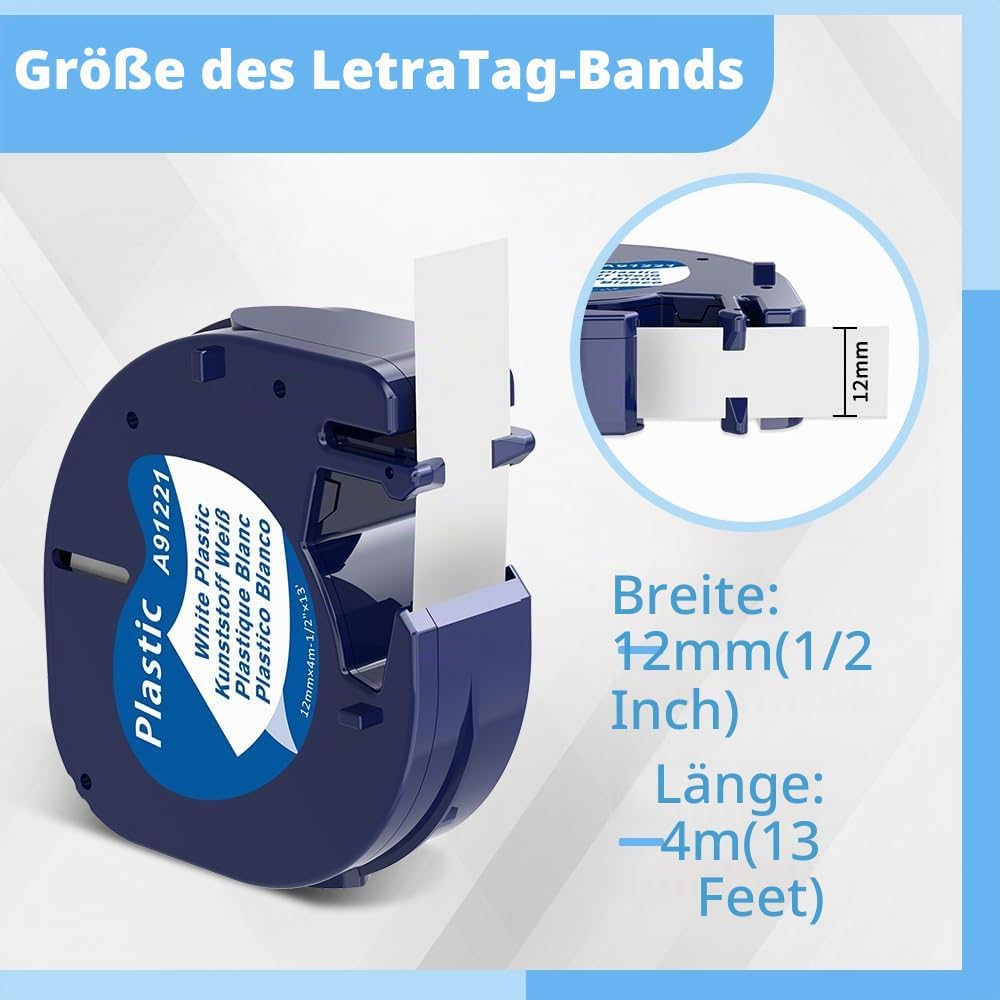Wonfoucs kompatible Plastic White 12mm x 4m Schriftband als Ersatz für Dymo Letratag Etikettenband 1