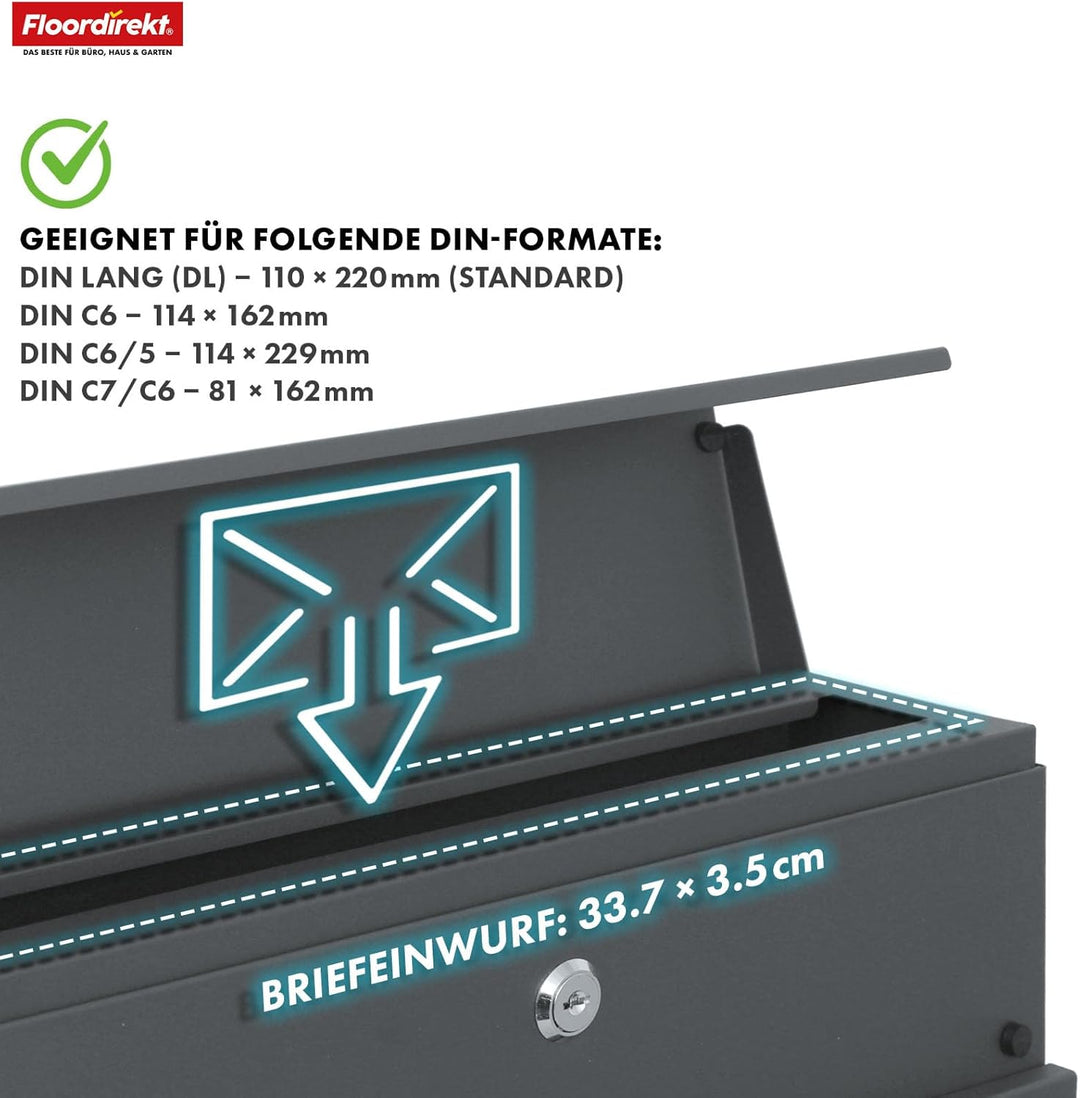Floordirekt Moderner Briefkasten, mit Zeitungshalter, Deckel, abschliessbar mit C4-Einwurf und integ