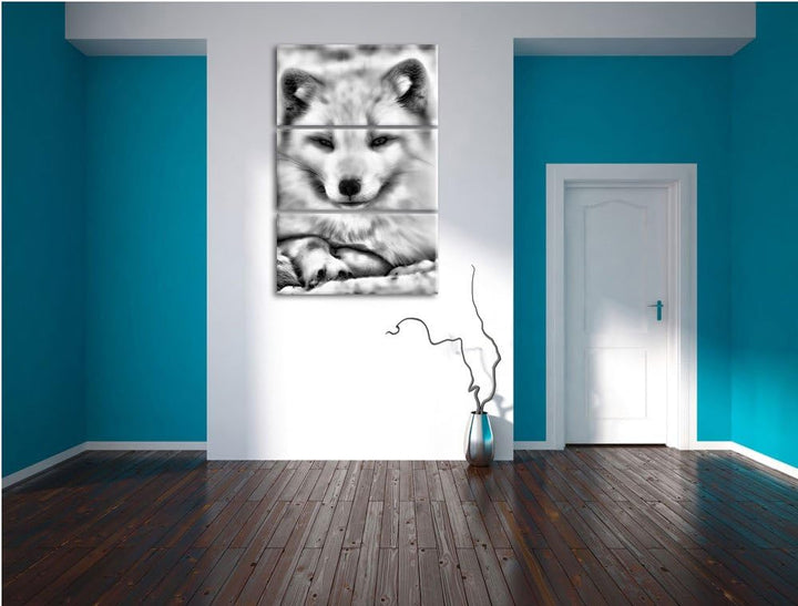 Pixxprint Monocrome, Weisser Fuchs 3-Teiler Leinwandbild 120x80 Bild auf Leinwand