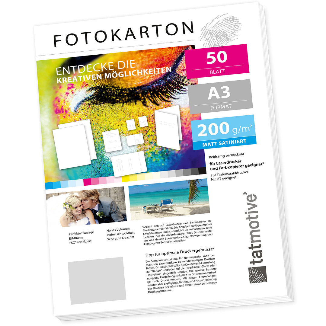 TATMOTIVE Fotokarton Fotopapier DIN A3 200g MATT weiss/Laserdrucker/Beidseitig bedruckbar / 50 Blatt
