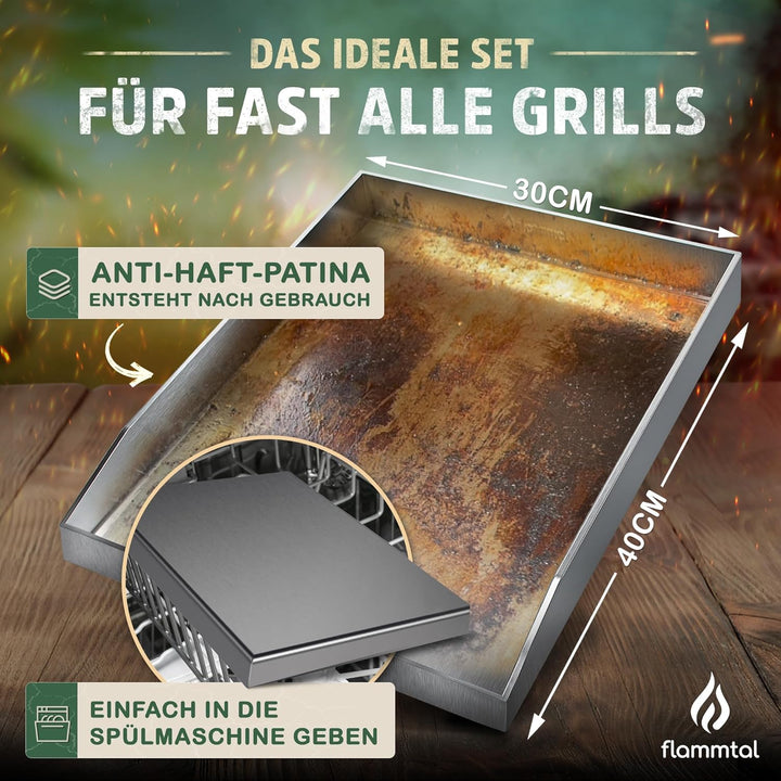 Grillplatte aus 4mm rostfreiem Edelstahl [40 x 30cm] - Plancha mit Grillspachtel Set & Burgerpapier