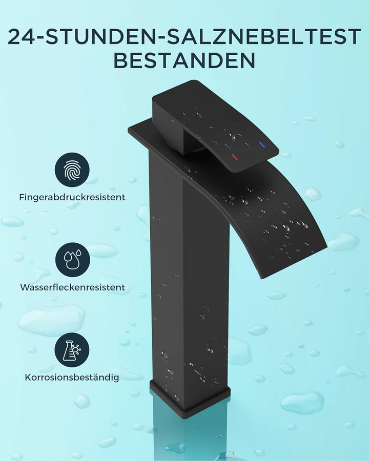 FORIOUS Wasserhahn Bad Schwarz,Wasserfall Waschtischarmatur Einhandmischer Armatur Waschbecken mit A