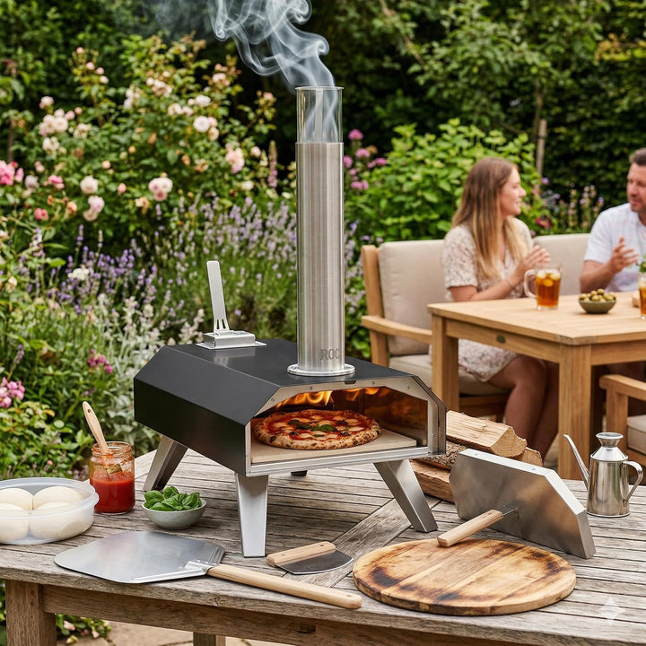 Relaxdays Pizzaofen, für Pellets, Tischpizzaofen, 400°C in 90s, schwarz | HBT 72x36x68 cm, mit Pizza