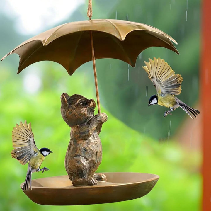 Tier Vogelhäuschen Mit Regenschirm | Hübsches Metall Eichhörnchen Hält Vogelfutterstelle,Ganzjahres