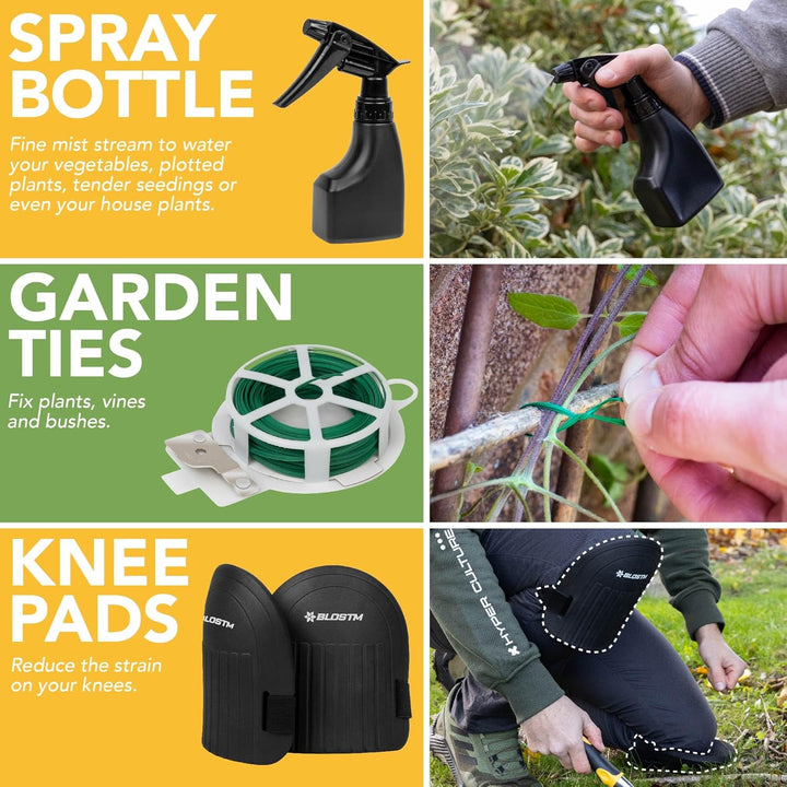 BLOSTM Gartenwerkzeug-Set, 11-teilig, robustes Gartengeräte-Set mit wasserdichter Tragetasche, rostf