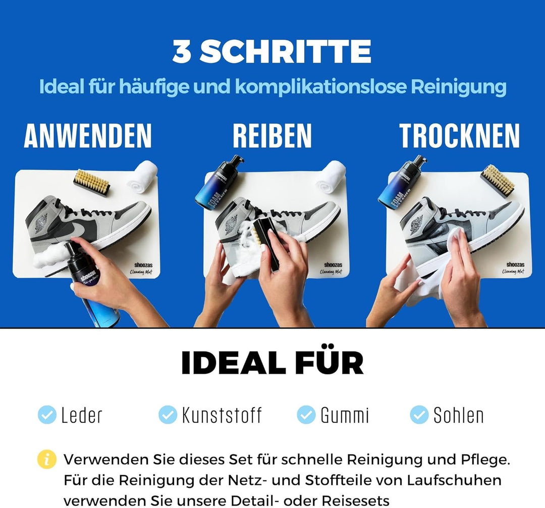 SHOOZAS - Kit zur Schuhreinigung - Schaumreiniger, Wasserdichte Matte, Bürste und Mikrofasertuch - I